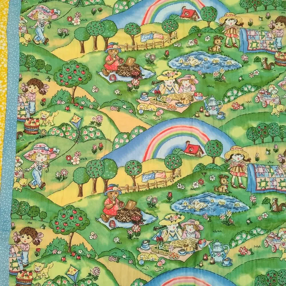 Vintage Yellow Blue Reversible Quilt Baby Blanket 46x32 Animal Picnic Rainbow